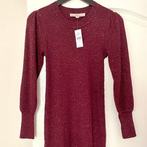 NWT Loft Ribbed Sparkly Sweater Midi Dress in Burgundy Size XS